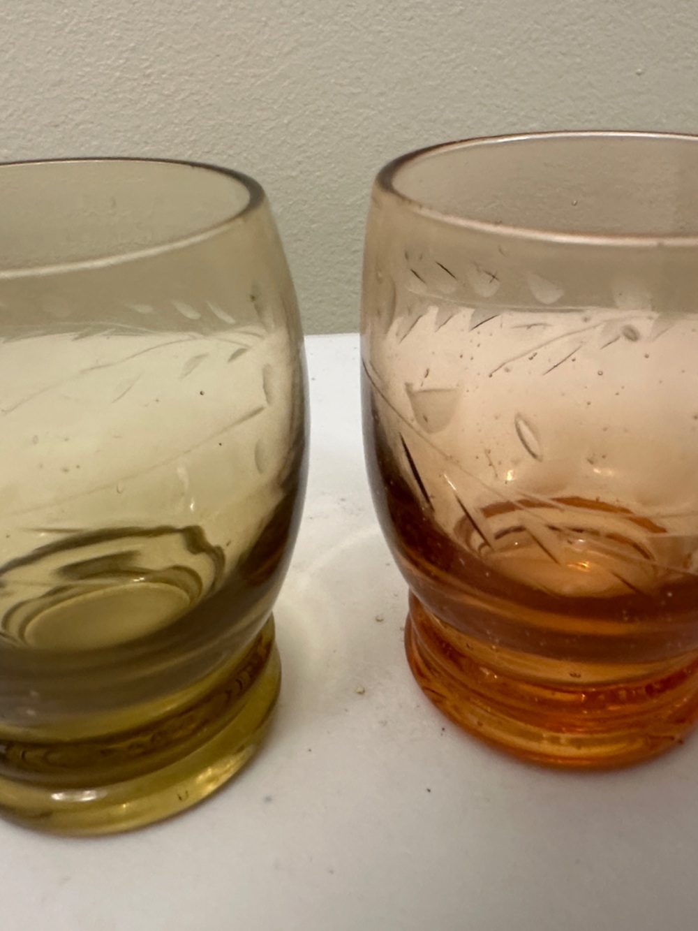 Etched Amber & Peach/Orange Tinted Vintage Small Shot Glasses - Set of 2 - MCM